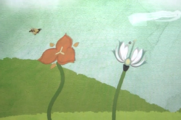Hand-drawn watercolor-style scene of flowers and a bee from Mother Nature